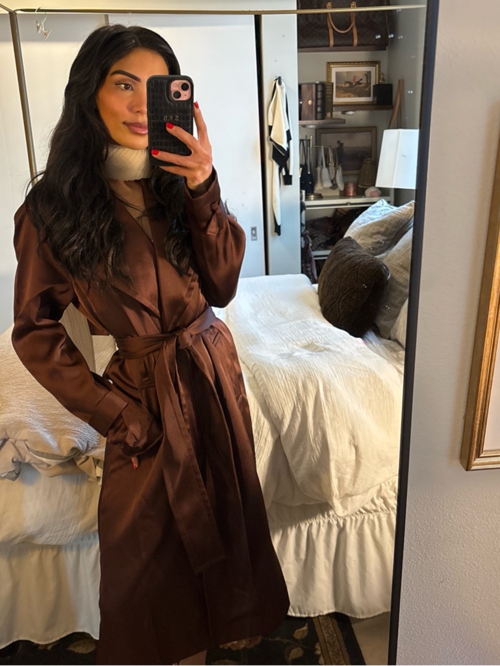 Chocolate Brown Luxe Satin Trench Coat Duster | Express